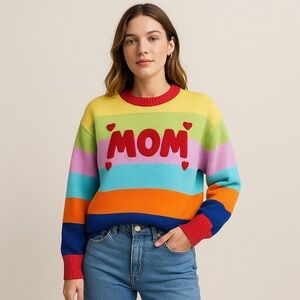 Teddy Fresh Rainbow Stripe MOM Sweater Large Colorblock Knit 100% Cotton